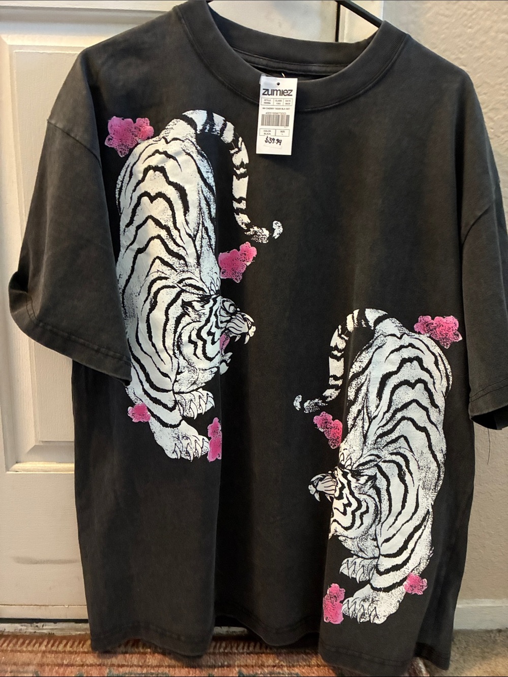 Zumiez Black Tee with White Tigers and Pink Florals